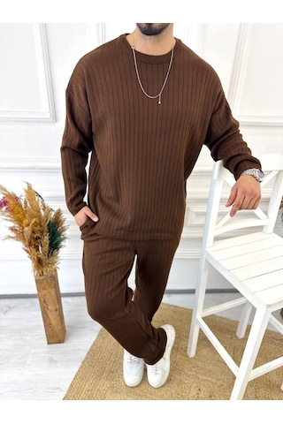 Uzun Kollu Tişört Fitilli Örme Triko Yumuşak Dokulu Tüylenmez Pamuklu Kazak Sweatshirt Kahverengi