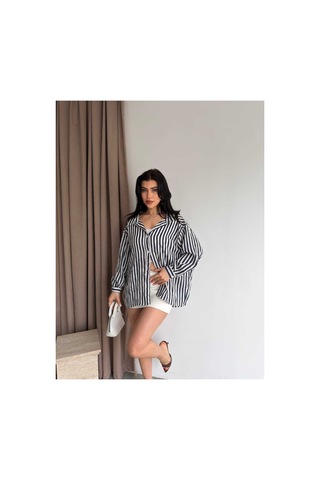 Unika Boutique Çizgili Oversize Gömlek Lacivert