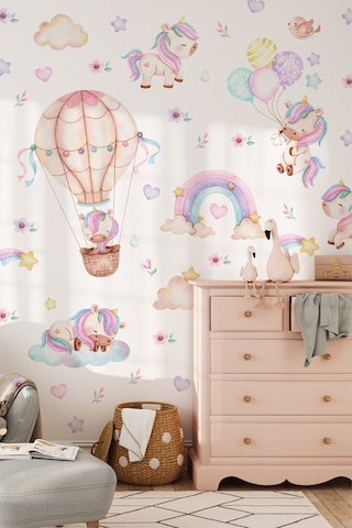 Unicorn Duvar Sticker Seti 125 Parça Balonlu Gökkuşağı Ve Uçan Unicorn Çocuk Odası Duvar Süsü Dijital Baskı