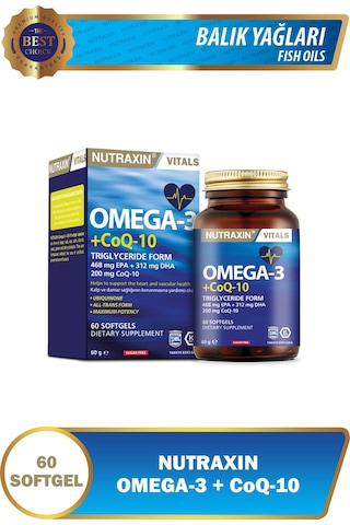Nutraxin Omega 3  Co Q10 60 Softjel - Balık Yağı EPA 468, DHA 312,  Q10 200 Mg