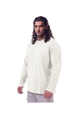 Erkek Büyük Beden 115 - 155 Kilo Arası Uygun Bedenli % 100 Pamuk Uzun Kol Bisiklet Yaka Sweatshirt Krem