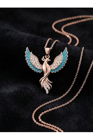 925 Ayar Gümüş Zümrüdüanka Kuşu Kolye - Rose Gold Kaplama Turkuaz Mineli Kadın Kolye Rzn10367 Gümüş
