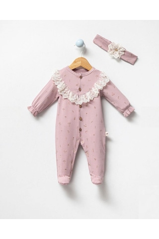 By Bubbles Natural Dantel Detaylı Önden Açmalı Kız Bebek Tulum Lila