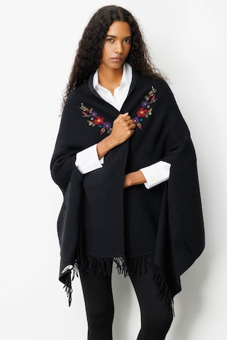 Kadın Yakası İşlemeli Koldan Geçmeli Büyük Yün Panço Siyah Siyah