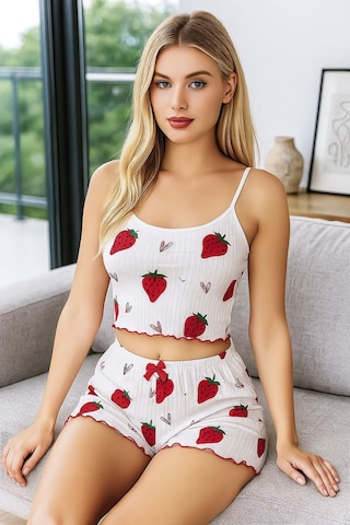 Terrien Özel Üretim Sevimli Tarz İki Parça Canlı Model Kadın Çilek Desenli Şortlu Pijama Takımı Pembe