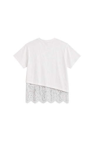 Vadon 1005 Kadın Pamuklu Regular Fit Bisiklet Yaka Asimetrik Kesim Dantel Detaylı Yumuşak Dokulu T-shirt Beyaz