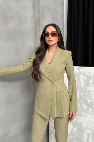 Msm Fashion Kadın İkili Blazer Ceket Pantolon Takım Pile Ve Düğme Detaylı Boru Paça Açık Haki