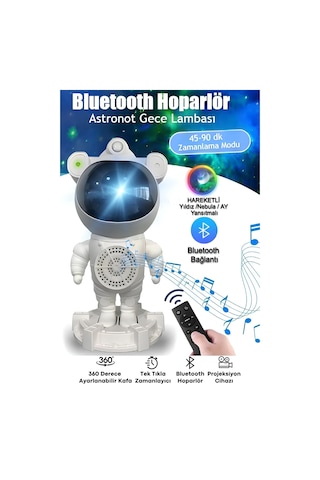Projeksiyon Gökyüzü Gece Lambası Astronot Bluetooth Hoparlör Hareketli Galaxy Bulutsu Zamanlayıcılı Beyaz