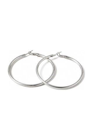 Gümüş Renk 56 Mm Çelik Düz Klasik Halka Küpe - Minimalist Klipsli Halka Küpe
