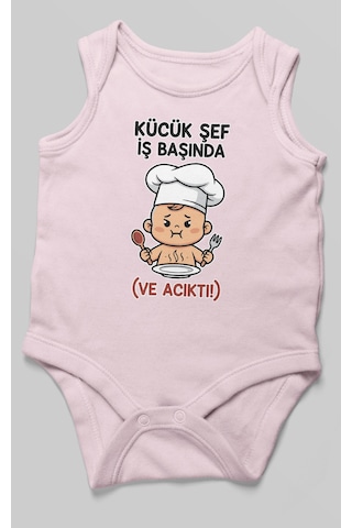 Küçük Şef İş Başında Ve Acıktı Baskılı Bebek Zıbını Çıtçıtlı Body 8 Renk %100 Pamuk Sıfır Kol Bebe Pembe