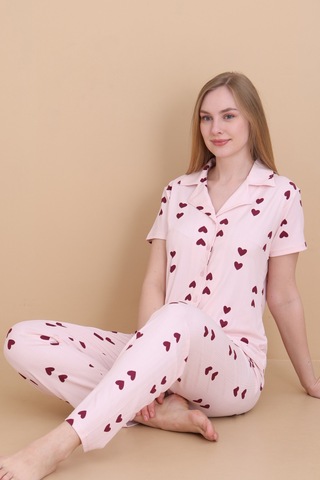 Wordex Mirano 9511 Kalpli Pembe Pegasus Kumaş Düğmeli Kısa Kolu Kadın Pijama Takımı
