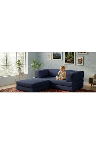 Herev 200x200 Cm 50 Dns Modüler Köşe Koltuk Fitilli Kadife Kumaş, Yatak Olabilen, Modern Tasarım Şark Köşe Lacivert