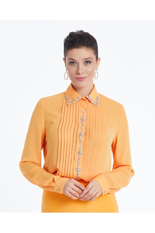 Kadın Taş Detaylı Gömlek Şık Düğme Ve Yaka İşlemeli Orange