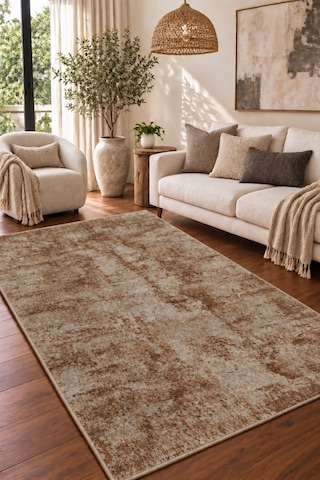 Vivanni Home Ashlynn Polyester Vintage Halı Pamuk Atkı Tabanlı Modern Dokuma Ev Halısı Bej Kiremit
