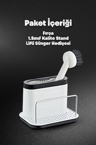 Grimorlife Fırçalı Telli Mutfak Seti Beyaz - Standlı Plastik Mutfak Lifli Sünger Hediyeli Beyaz