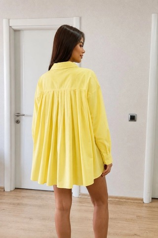 Alfanora Kadın Oversize Pens Detaylı Cepli Yırtmaçlı Rahat Kalıp Poplin Gömlek - Sarı