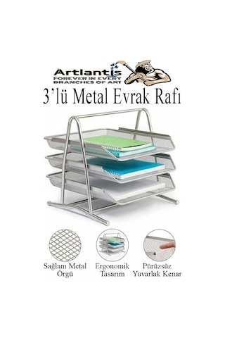Gümüş Gri Metal Evrak Rafı 3 Lü Masaüstü Kalemlik 3 Lü Ve Fileli Çöp Kovası 1 Paket Masaüstü A4 Dosya Düzenleyici Not Gümüş Gri