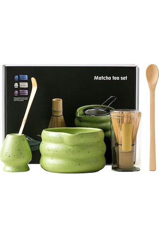 Seremoniye Uygun 5 Parça Matcha Seti Bambu Çırpıcı, Seramik Kase Ve Kaşık İle Çay Ritüeli Yeşil
