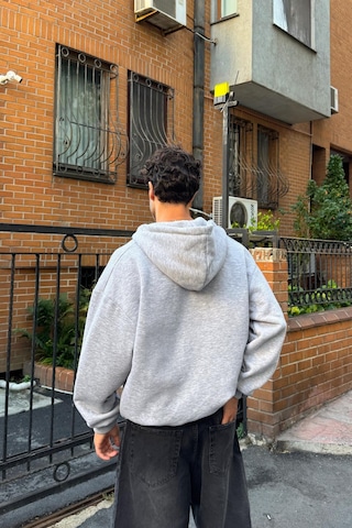 Flaw Nakışlı Zip Hoodie Gri Melanj Gri Melanj