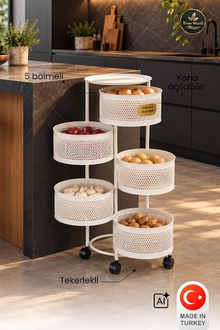 River World Tekerlekli Rengi Beyaz Açılabilen 5 Katlı Çok Amaçlı Metal Raf Mutfak, Balkon, Kiler Çok Renkli