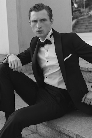 Ac&Co / Altınyıldız Classics Erkek Sıyah Slim Fit Dar Kesim Mono Yaka Balıksırtı Desenli Smokin Damatlık Sıyah Siyah