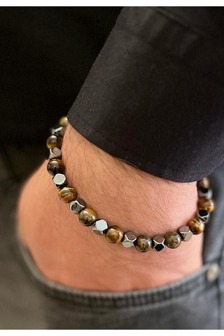 Glamglamour Hematit&kaplangözü Çelik Mixli Şık Erkek Bileklik 20-25cm Uyumlu Kahverengi