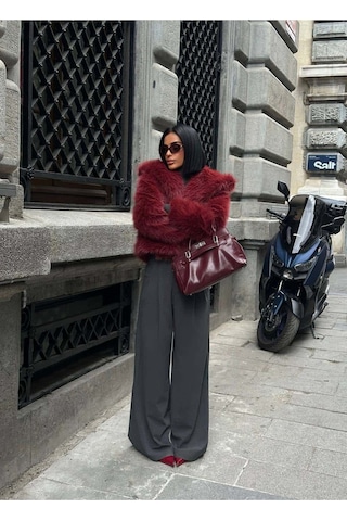 Glammoss L'atelier Kabarık Yaka Kürk Ceket Glm-579 Bordo Bordo