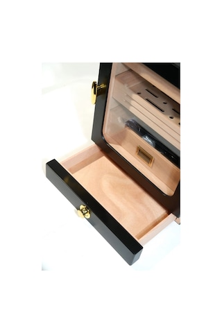 Premiumquality Las Condes Aksesuar Çekmeceli İçi Ledli Siyah Sedir Humidor Puro Kutusu - Tr9827