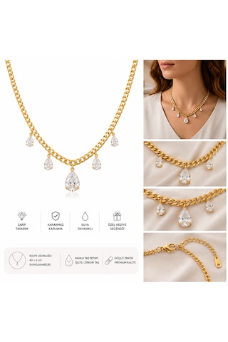 Zirkon Taşlı Gold Kadın Zincirli Damla Figürlü Kadın Kolye Altın
