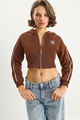 Shade Kadın Kapüşonlu Fermuarlı Korse Detaylı Şardonlu Crop Hırka 6867 60283525 - Kahverengi