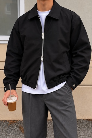 Tarz Cool Erkek Oversize Çift Yönlü Fermuarlı %100 Pamuk Ceket Rahat Kalıp, Lastikli Bel, Günlük Ve Casual Stil Siyah