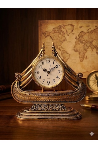 Büyük Boy Vintage Gemi Tasarımlı Dekoratif Masa Saati Antik Gold Koleksiyonluk Klasik Saat 28 Cm