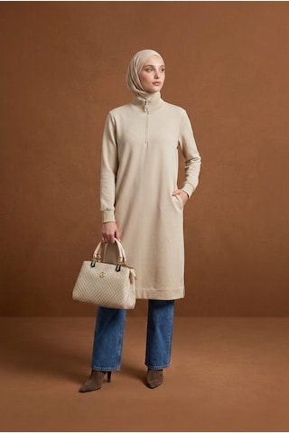 Armine Trend Yarım Fermuarlı Dik Yaka Uzun Kollu Rahat Kesim Basic Uzun Tunik 107 Cm Boy Bej 26kt456