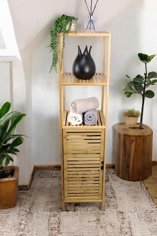 Digithome Bambu Tek Kapaklı 3 Raflı Çok Amaçlı Banyo Düzenleyici Organizer Dik Dolap Jwbw-5049
