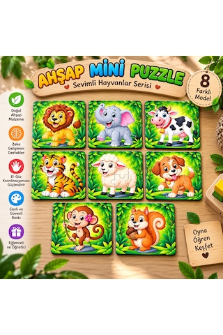 8 Adet 10x10 Cm Ahşap Hayvanlar Mini Puzzle Seti Animal
