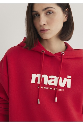 Mavi - Mavi Logo Baskılı Kapüşonlu Kırmızı Sweatshirt 168334-35476 Kırmızı