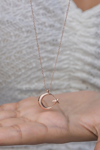 925 Ayar Gümüş Rose Sade Taşsız Ayyıldız Kolye Rose Gold
