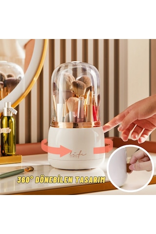 Masaüstü Makyaj Fırçası Ve Kozmetik Düzenleme Kutusu Organizer Bölmeli Dönebilen Bej