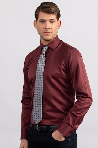 Tudors Modern Slim Fit Düz Saten Pamuklu Erkek Bordo Gömlek-23101-bordo Bordo