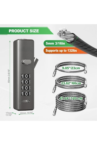 Ranyeek 4 Haneli Yeniden Konfigüre Edilebilir Kilitli, Çelik Gövde, 3 Farklı Uzunlukta Kablolu, Bisiklet-elektrikli Araba-kask-valiz Güvenliği İçin Kayar Kordon Kilit, Silah Rengi Gri