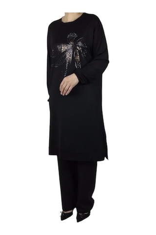 Kadın Önü Desenli Kristal İki İplik Büyük Beden Tunik Siyah