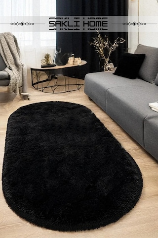 Siyah Oval Post Halı Peluş Yumuşak Kaymaz Dot Taban Makinada Yıkanabilir Yolluk Siyah