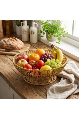 Ers 31 Cm Plastik Rattan Servis Çanağı Doğal Hasır Görünümlü Dekoratif Meyve, Ekmek Ve Sunum Kasesi Çok Renkli