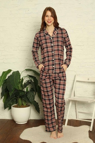 Farya Home Dreamy Ekoseli Pamuklu Biyeli Uzun Kollu Gömlek Pijama Takımı Ekose Siyah