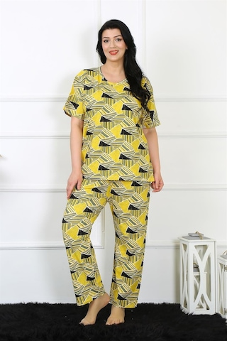 Akbeniz Kadın 5xl-6xl-7xl-8xl Büyük Beden Kısa Kol Pijama Takım 75007-sarı Sarı
