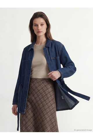 Lcw Modest İndigo Gömlek Yaka Beli Kuşaklı Kadın Jean Ceket