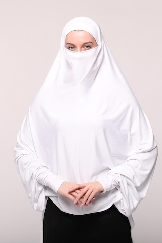 Altobeh Kollu Sufle Çarşaf Üstü Peçeli Pratik Tesettür Hijab - Nikaplı Namaz Örtüsü Beyaz