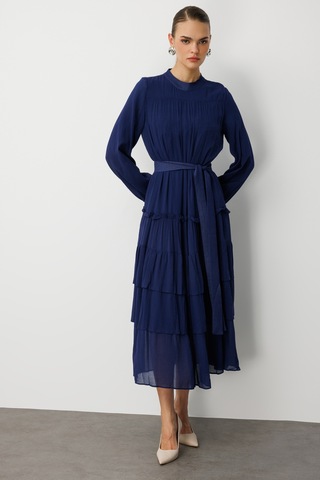 Mizalle Kat Pileli Maksi Lacivert Elbise Lacivert