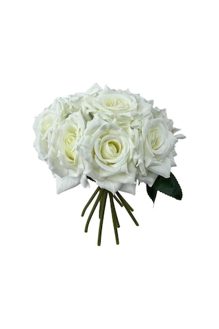 Yapay Çiçek Beyaz Gül 10lu Demet Gelin Çiçeği Buketi Masa Üstü Vazo Çiçeği 25cm