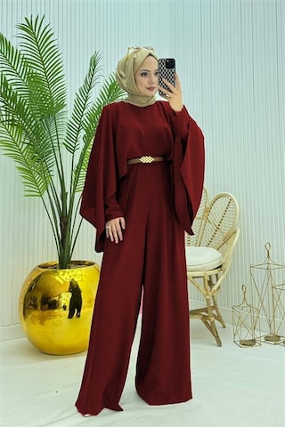 Neşeli Butik Kadın Pelerinli Kemer Detaylı Tesettür Tulum Nms061 Bordo